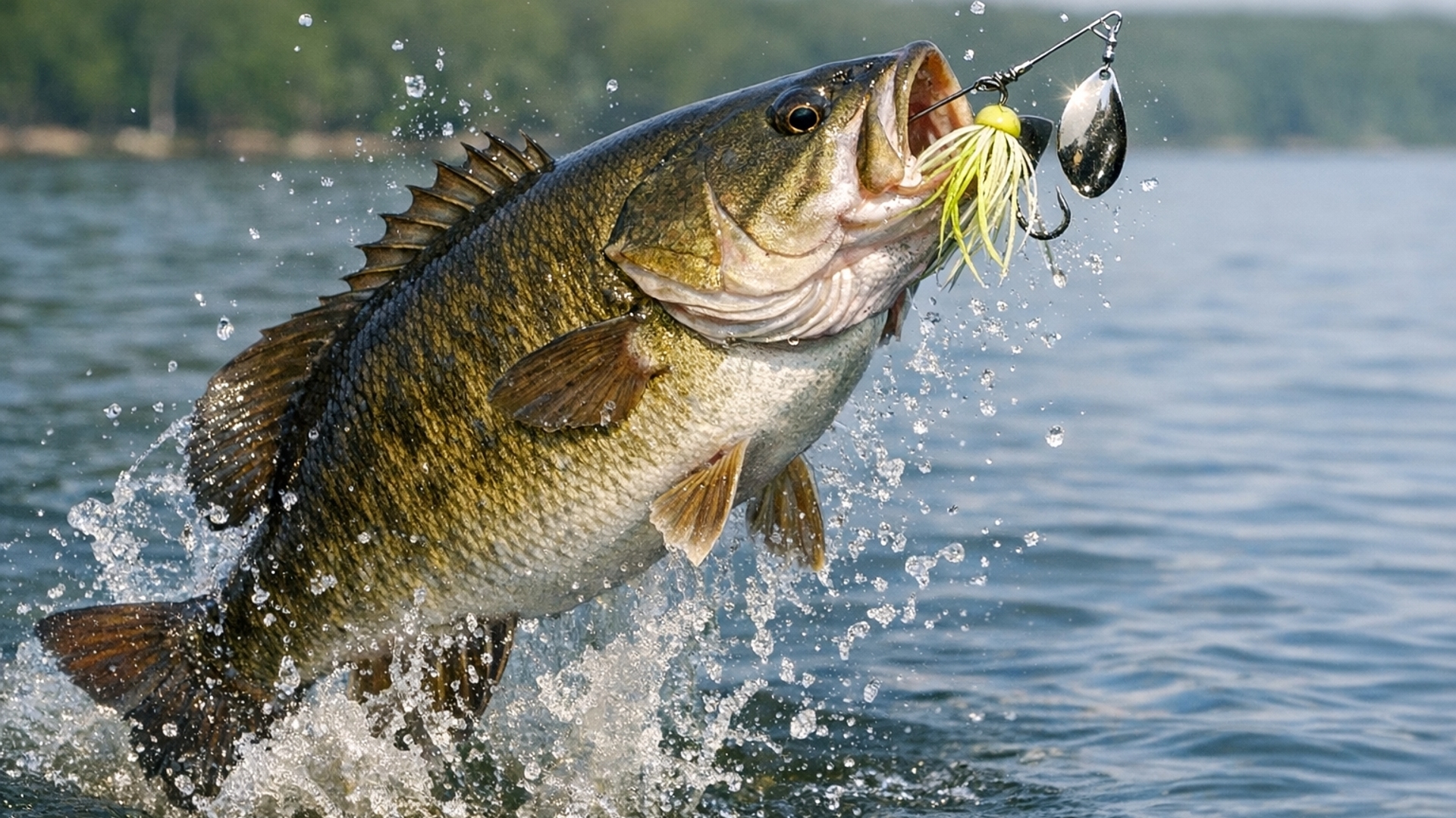 A big smallmouth bass jumping out of water with a spinnerbait in it's mouth