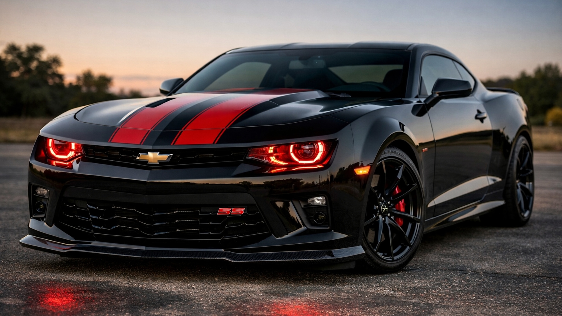 Chevy Camaro Super Sport black with red racing stripes and red headlights 