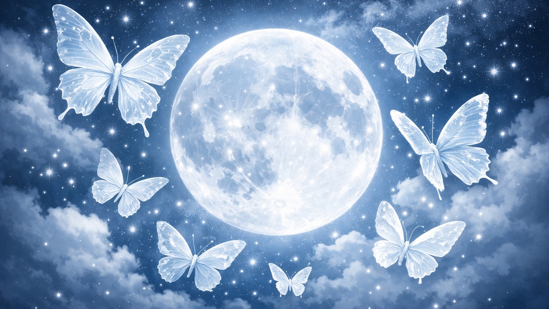butterflies with moon background in blue white 