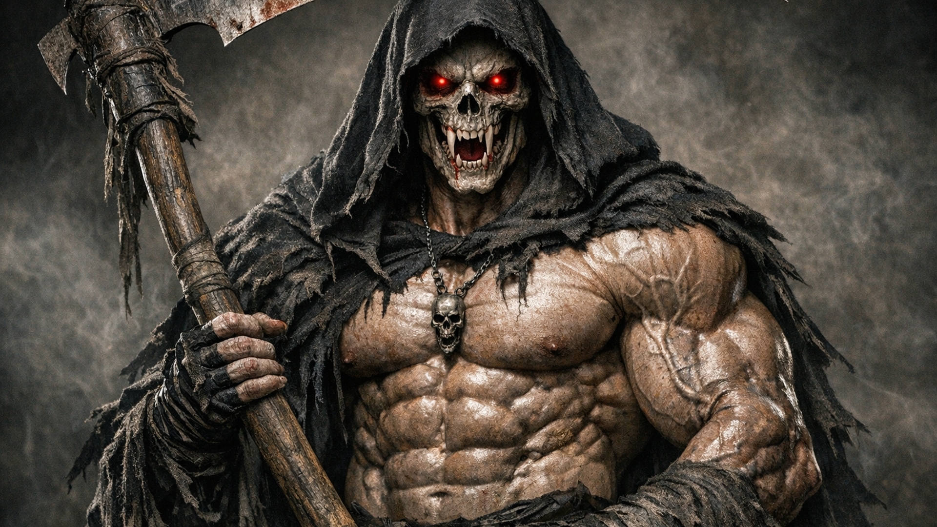 Muscular grim reaper with fangs and red eyes