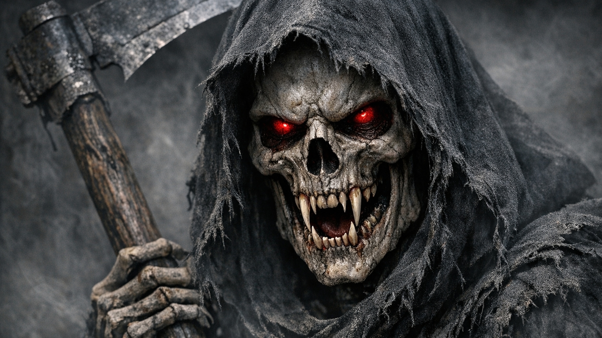 Grim reaper with fangs and red eyes