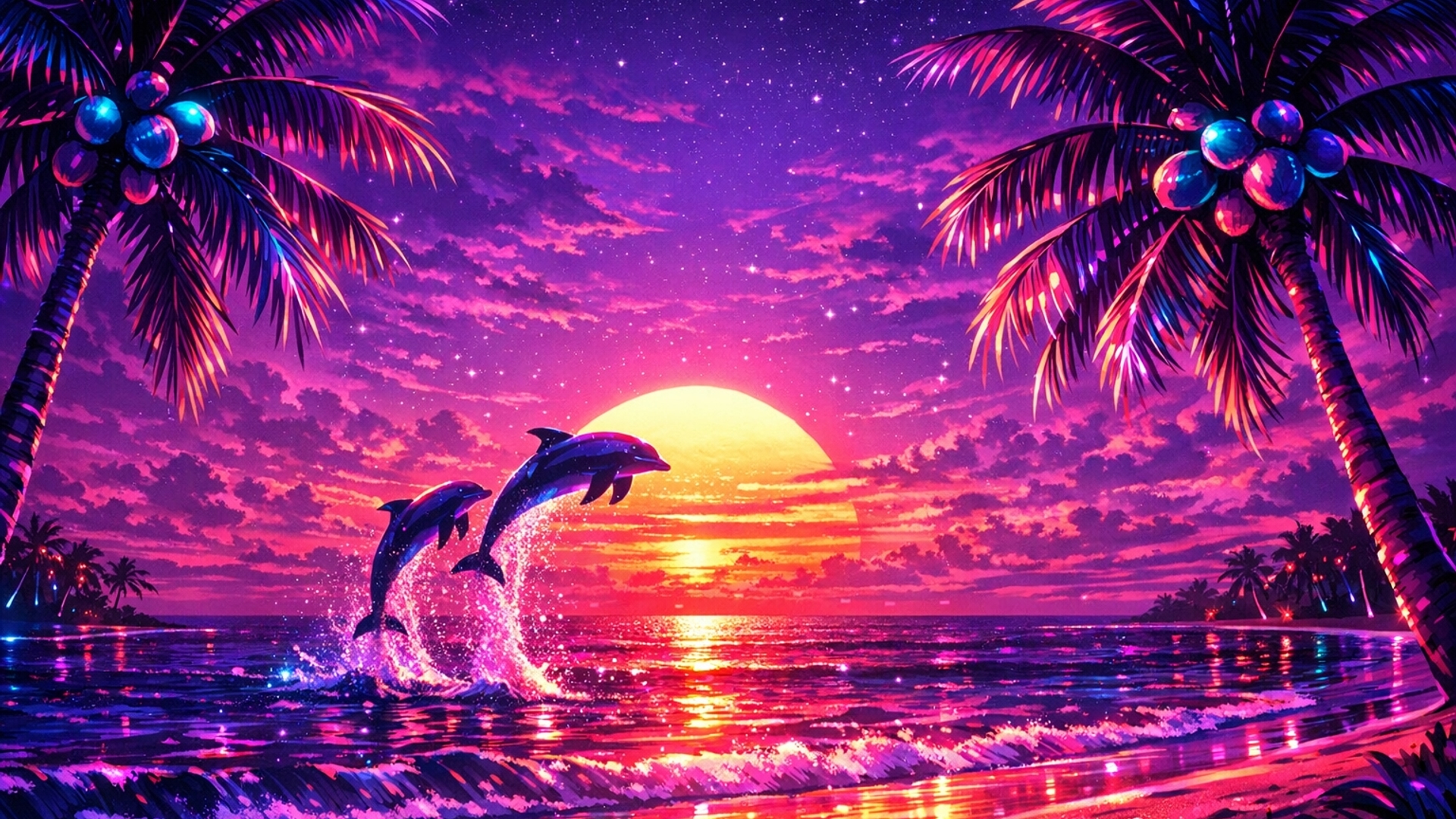 Purple and pink sunset on the beach with palm trees and coconuts on the trees two Dolphins leaping out of the ocean and the sun reflecting on the ocean.