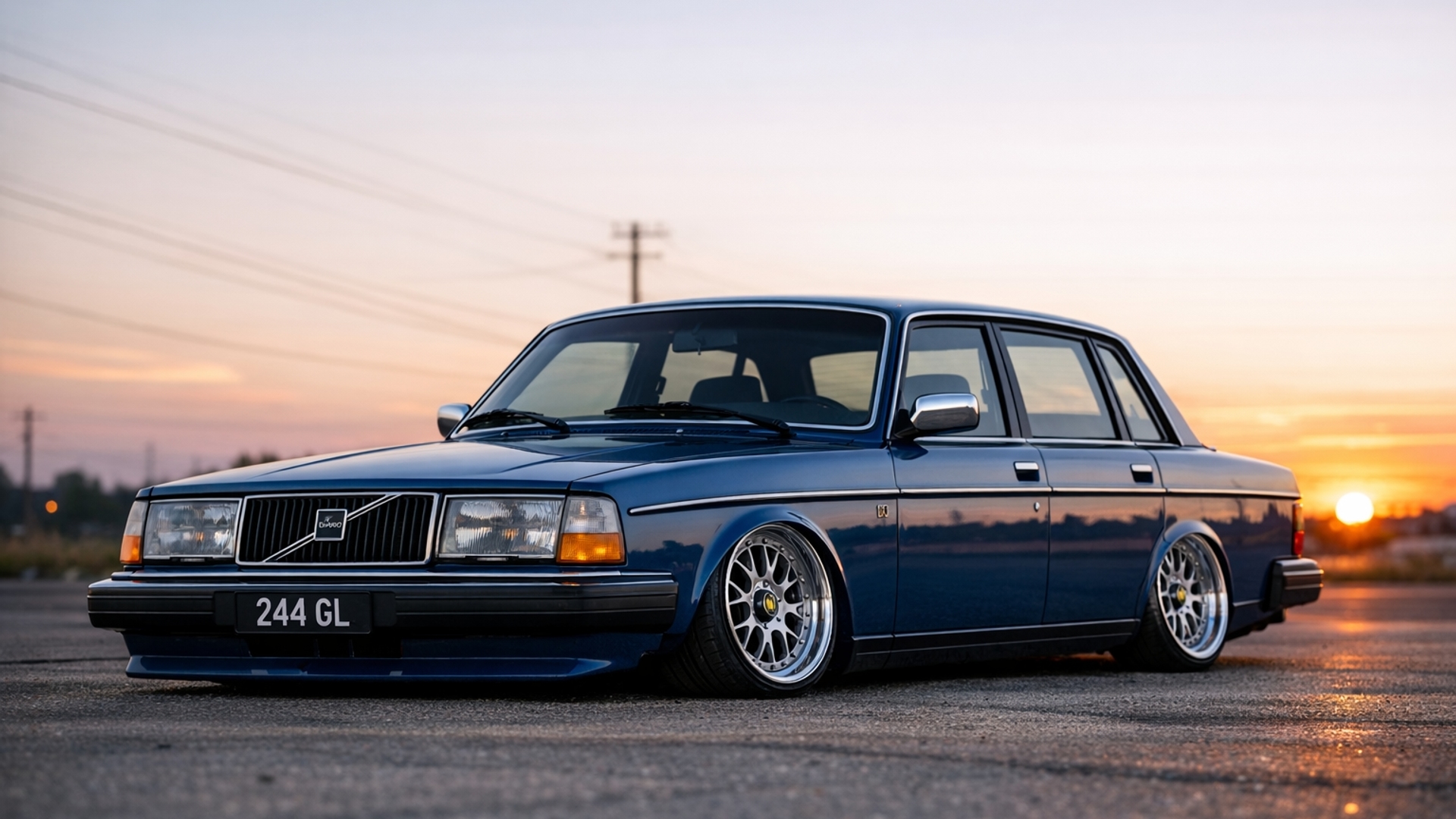 Volvo 244gl thats very low and have mk18 rims, standing in the sunset, the car is blue, 4k, make it look real