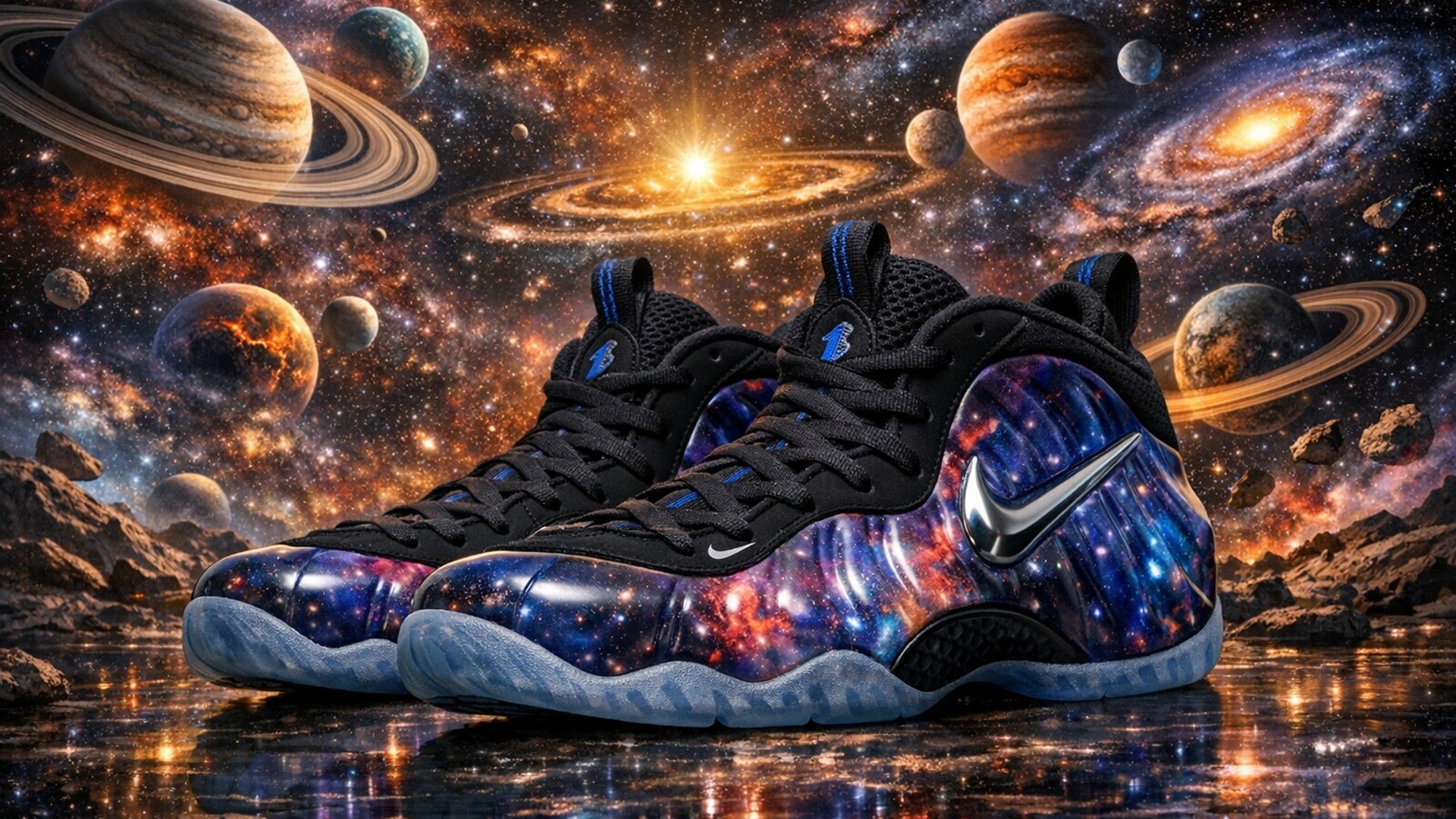 Nike galaxy foamposite sneakers in the Forefront with an epic display of an array of solar systems