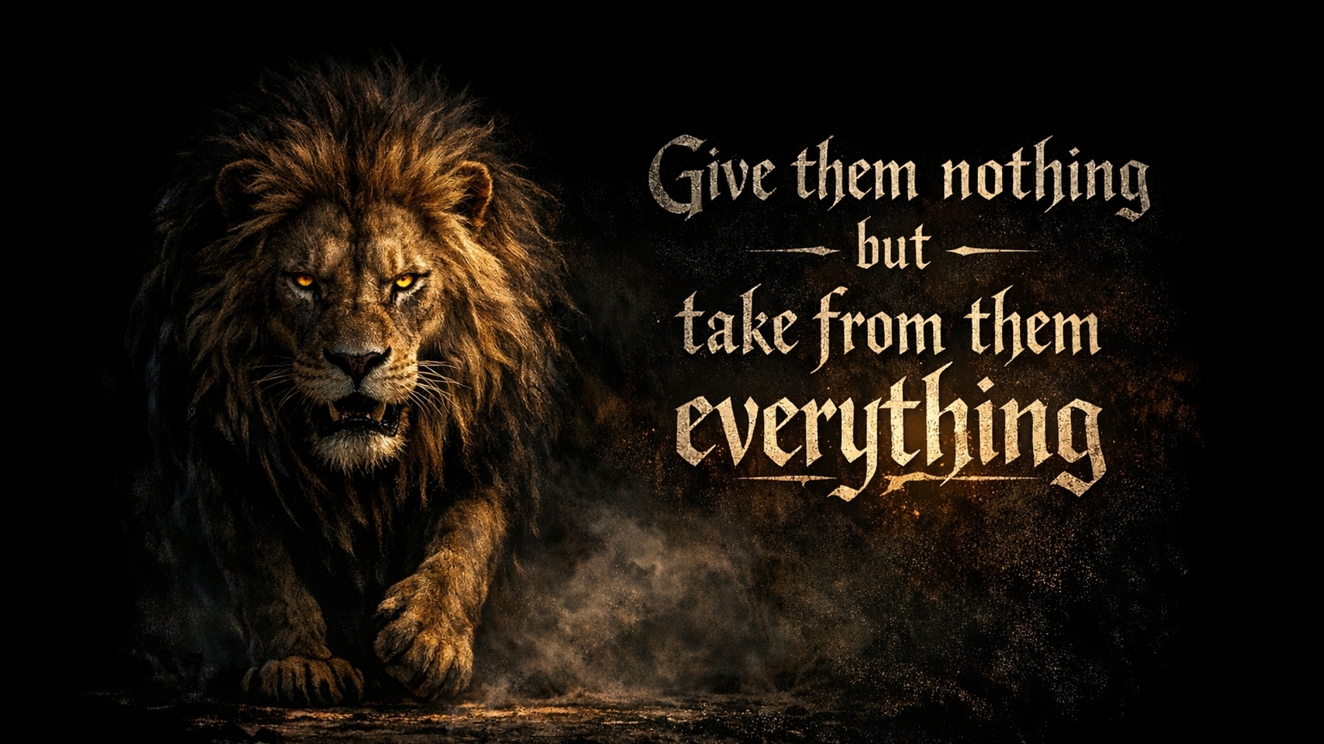 A black screen with a lion coming from the dark and beside them this writing: Give them nothing but take from them everything 