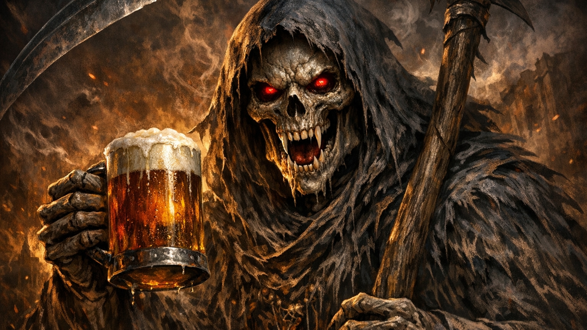 Grim reaper with fangs and red eyes holding a beer