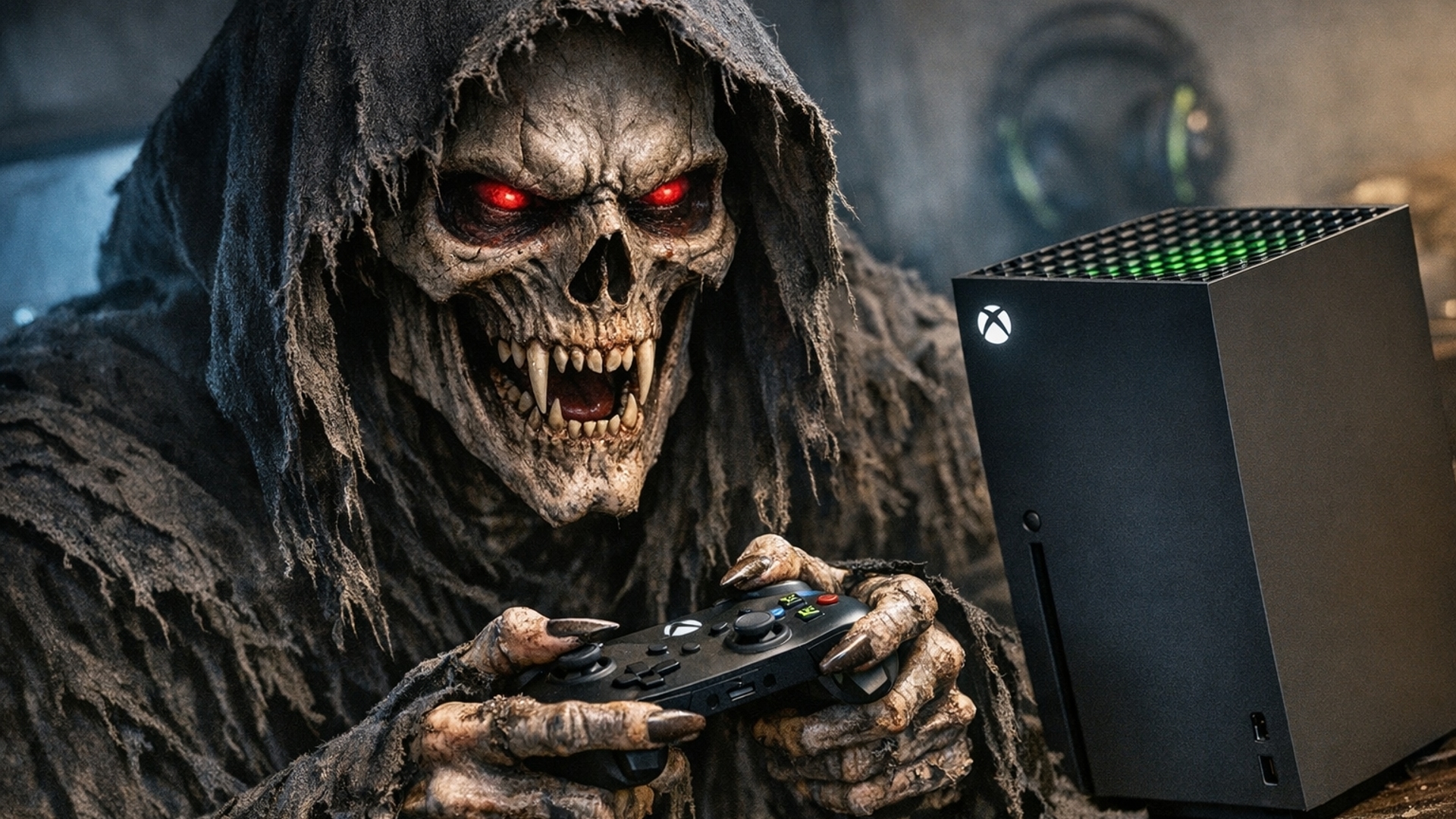 Grim reaper with fangs and red eyes playing xbox series X