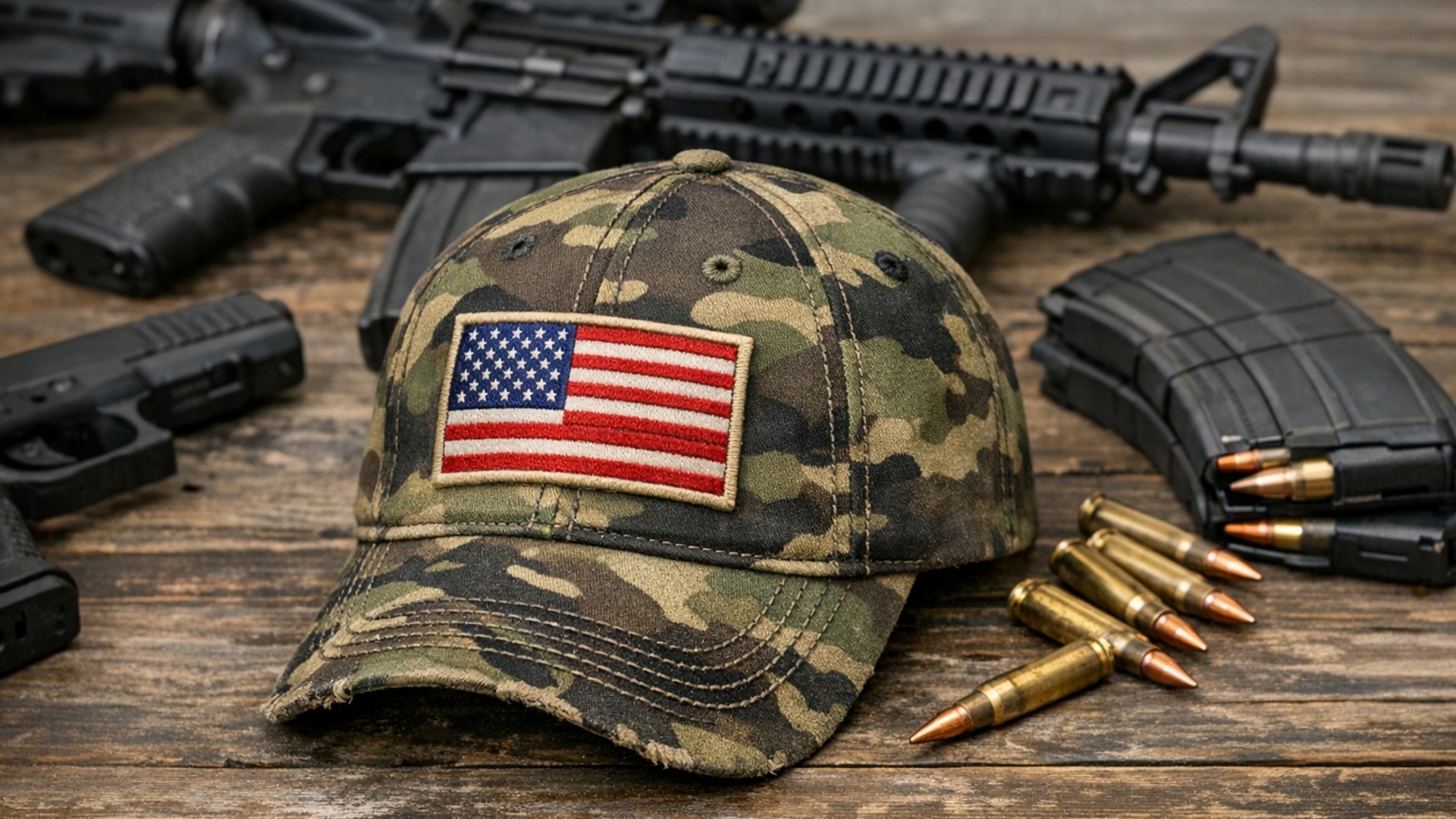 A camo baseball cap with the American flag sitting on a table next to guns