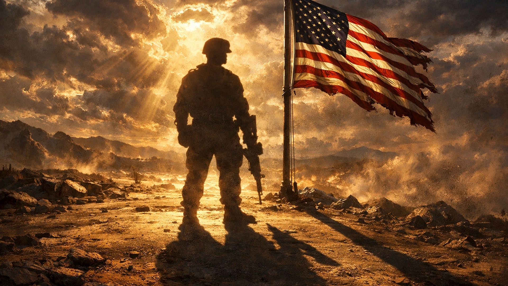 A shadow of a us marine standing next to the American flag 