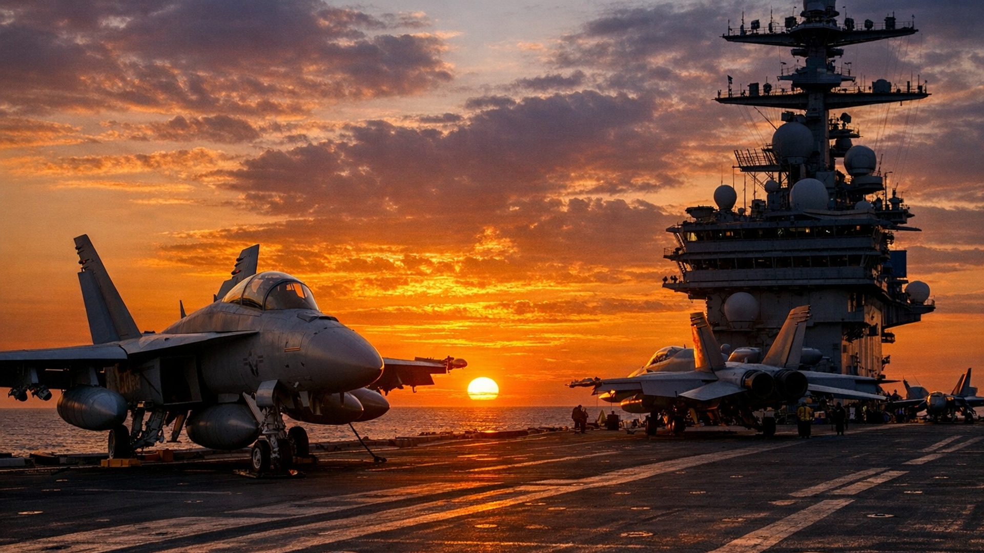Aircraft on an aircraft carrier with sunset in the background 