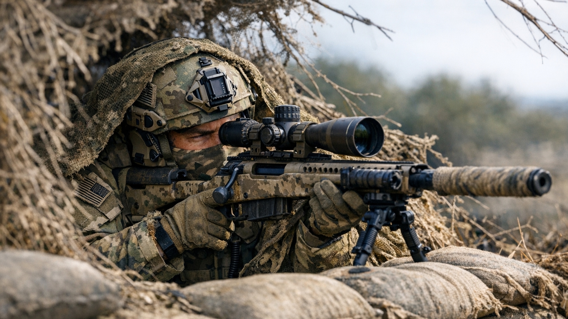 USA sniper in cover with sniper rifle