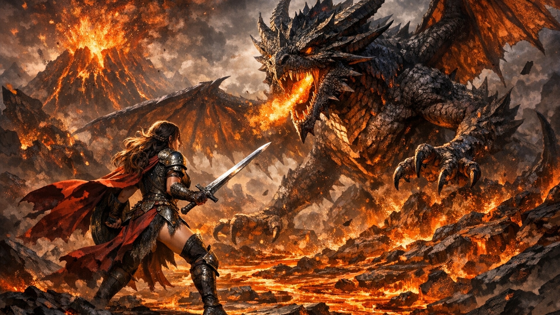 una hermosa guerrera enfrentándose a un dragón en un ambiente volcanico