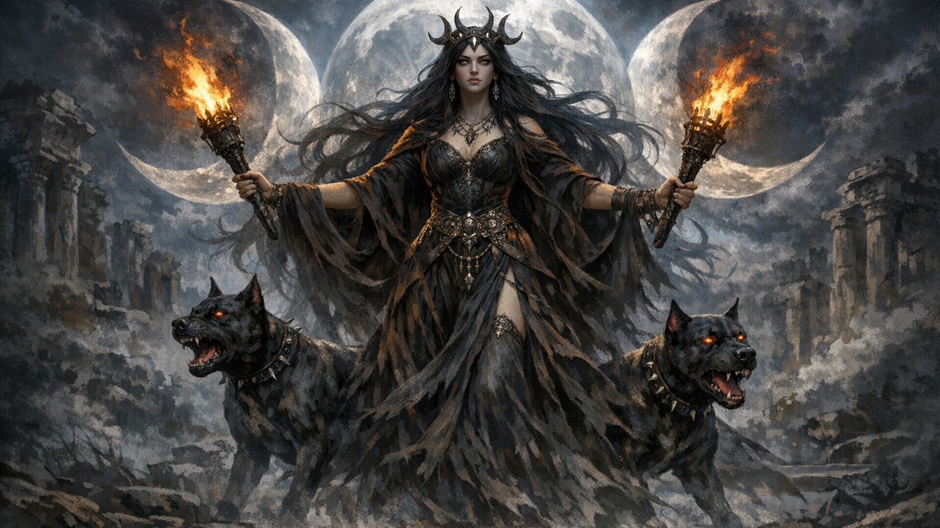 hecate con sus lunas sus perros y las antorchas 