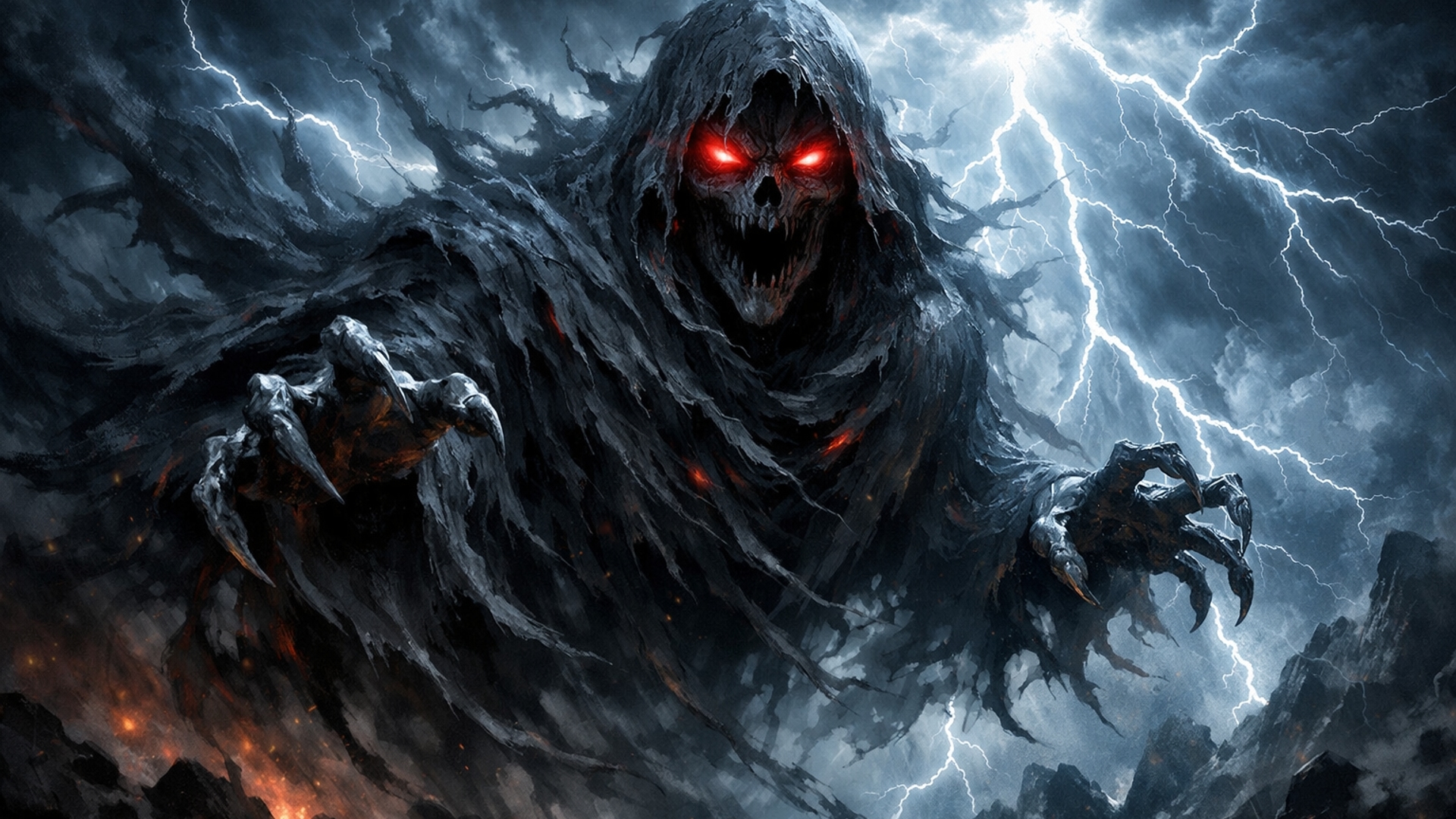 Evil ghost with red eyes and lightning in the background
