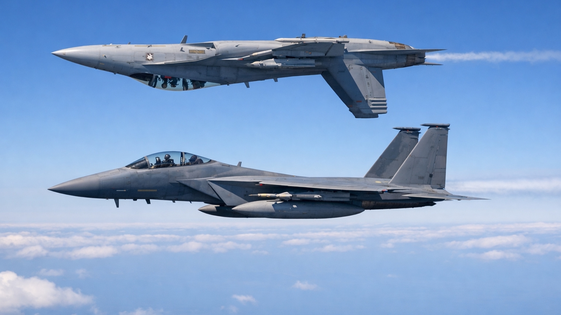 2 jets flying and 1 flying above the other, the jet on top is flying inverted 