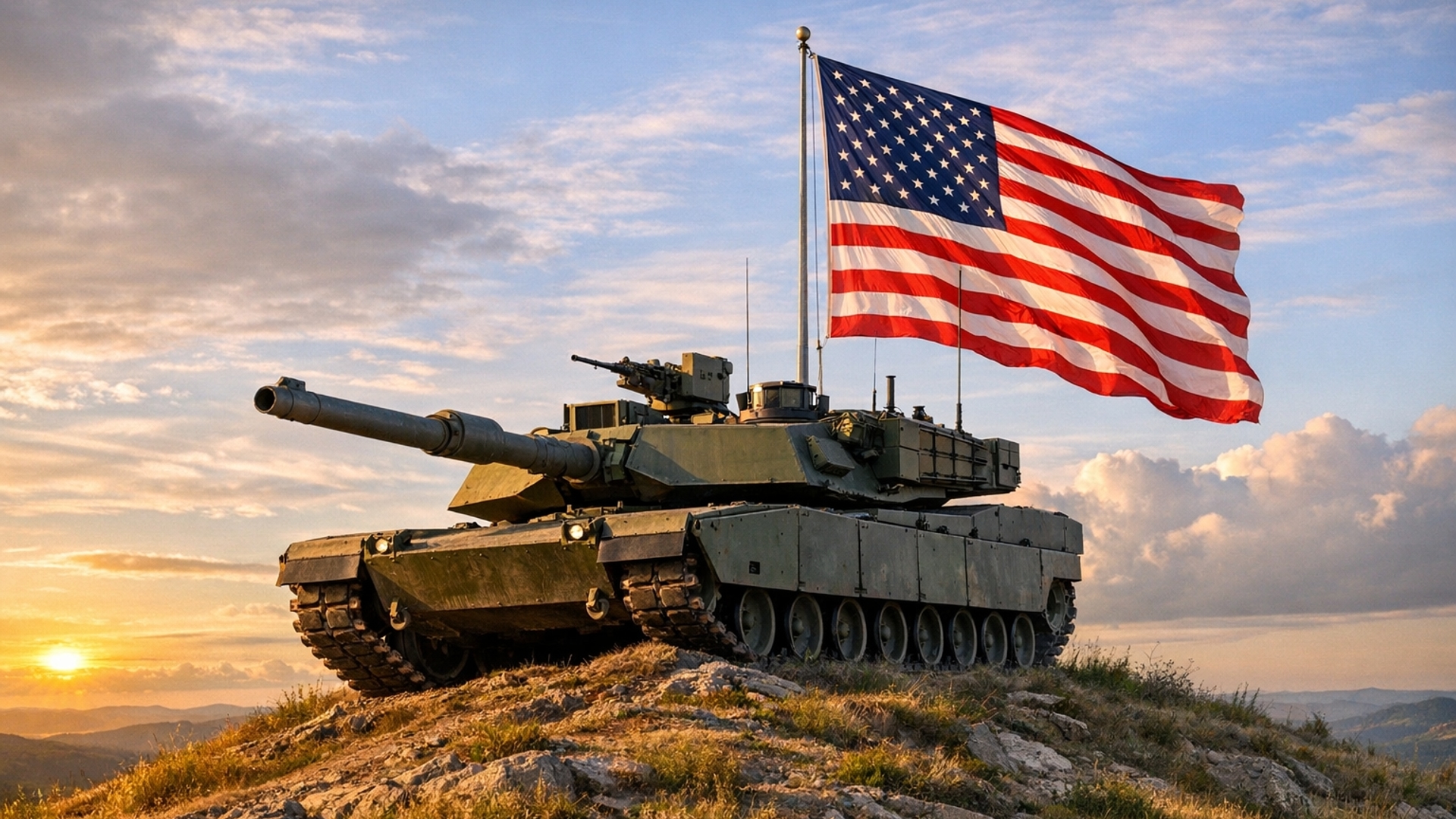 American tank on a hill with the American flag behind it 