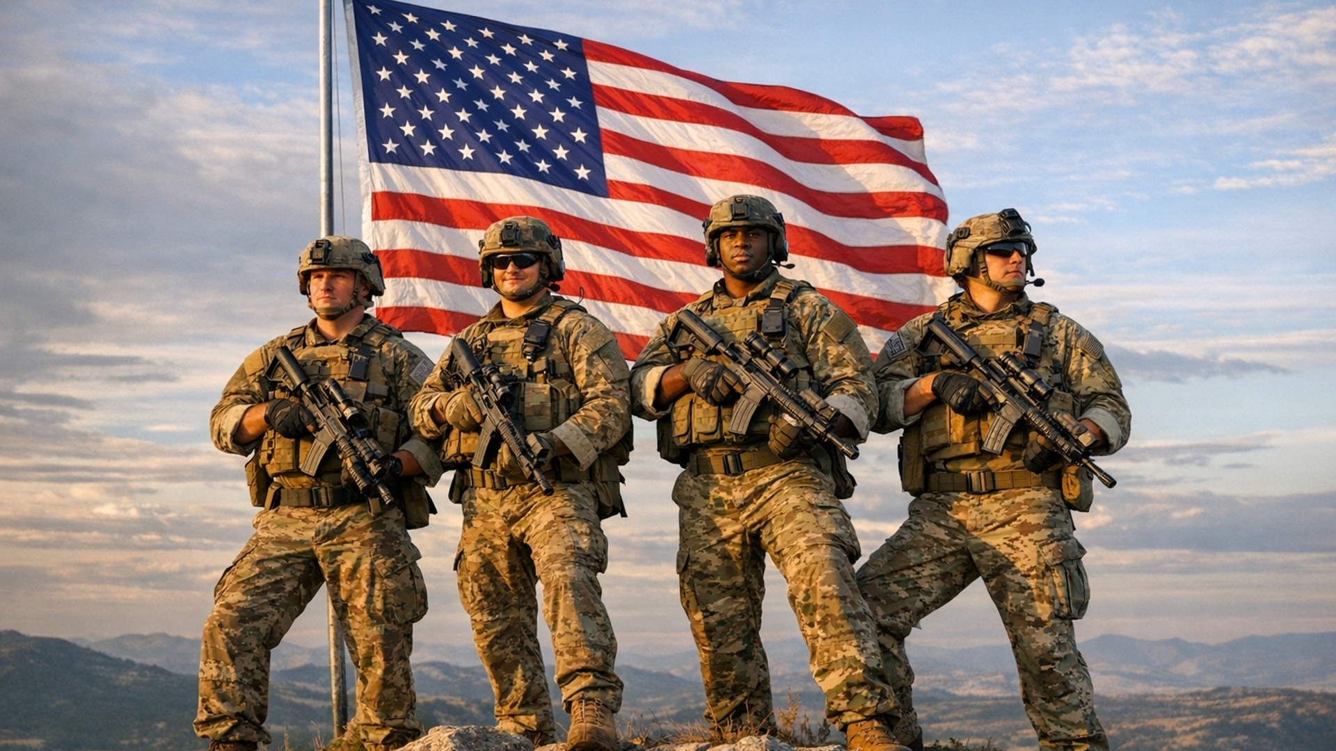 American Army Soldiers standing on a hill with the American flag behind them