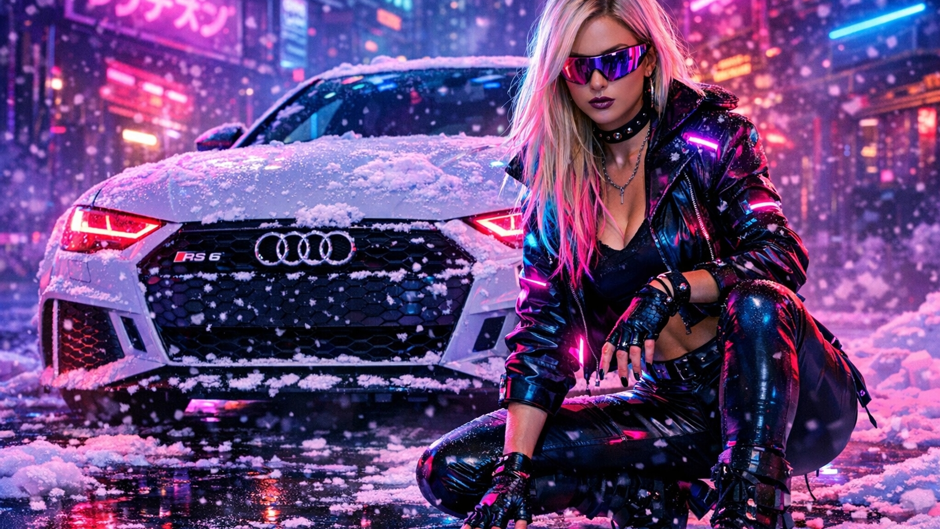 audi rs 6 in sneew en een vrouw op de voorkant met zwarte broek blond haar 