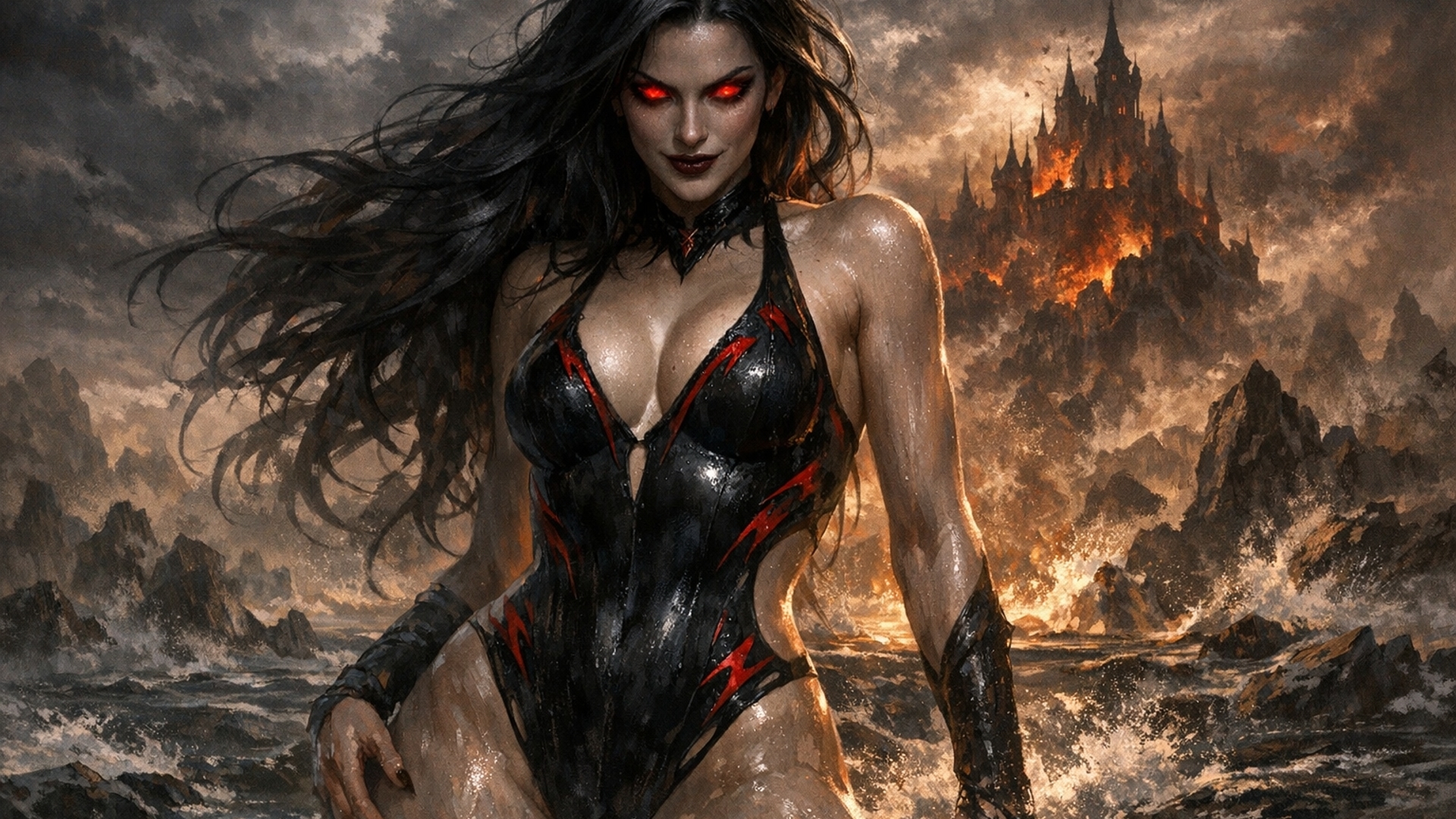 Evil woman wearing a swimsuit with red eyes