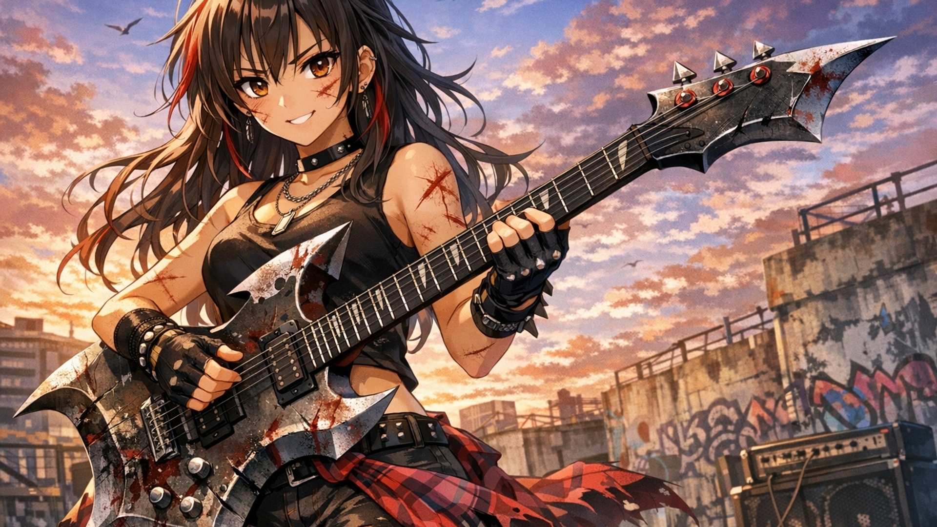 As a una joven con una guitarra en forma de acha con varias sicatrises 