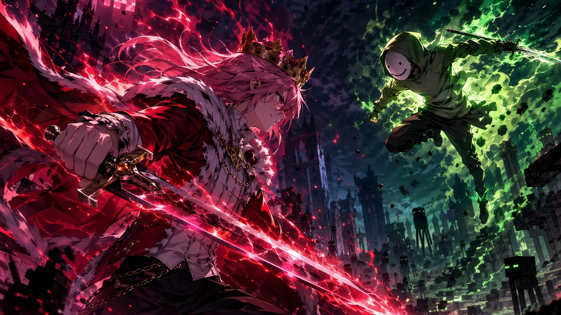 technoblade with red contrasst aura with his sharp blade fights against Dream 