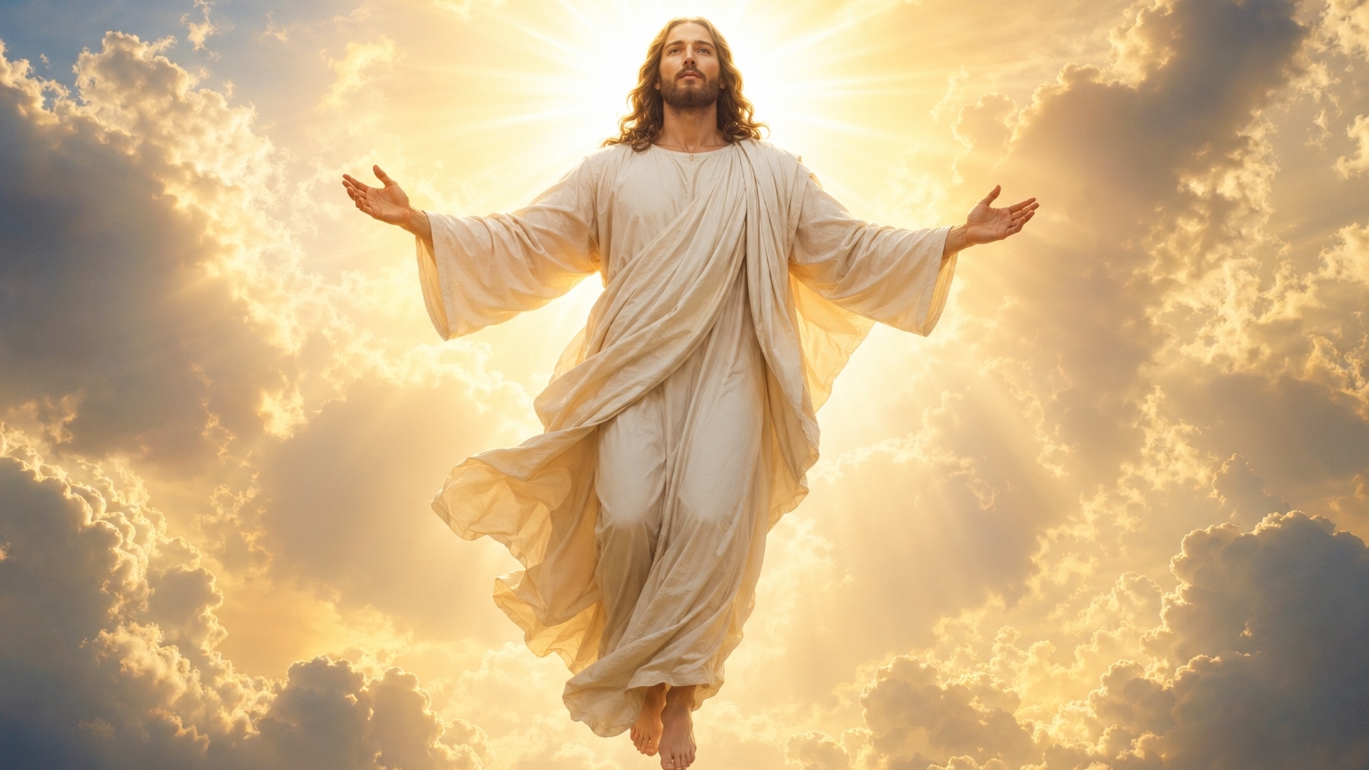 Jesus floating in the sky with sunlight behind him