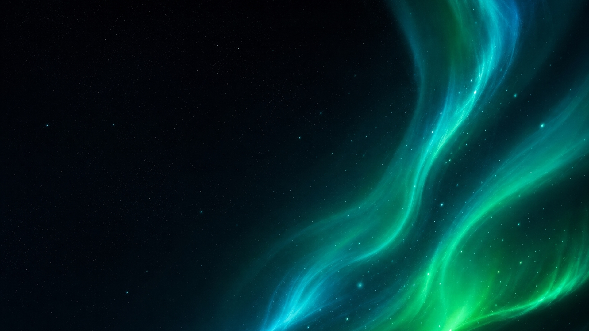 “Dark space background with flowing turquoise and green aurora waves, soft gradients, glowing particles, minimal and smooth composition, calming and mysterious mood, high contrast, 4K wallpaper, empty space on left”