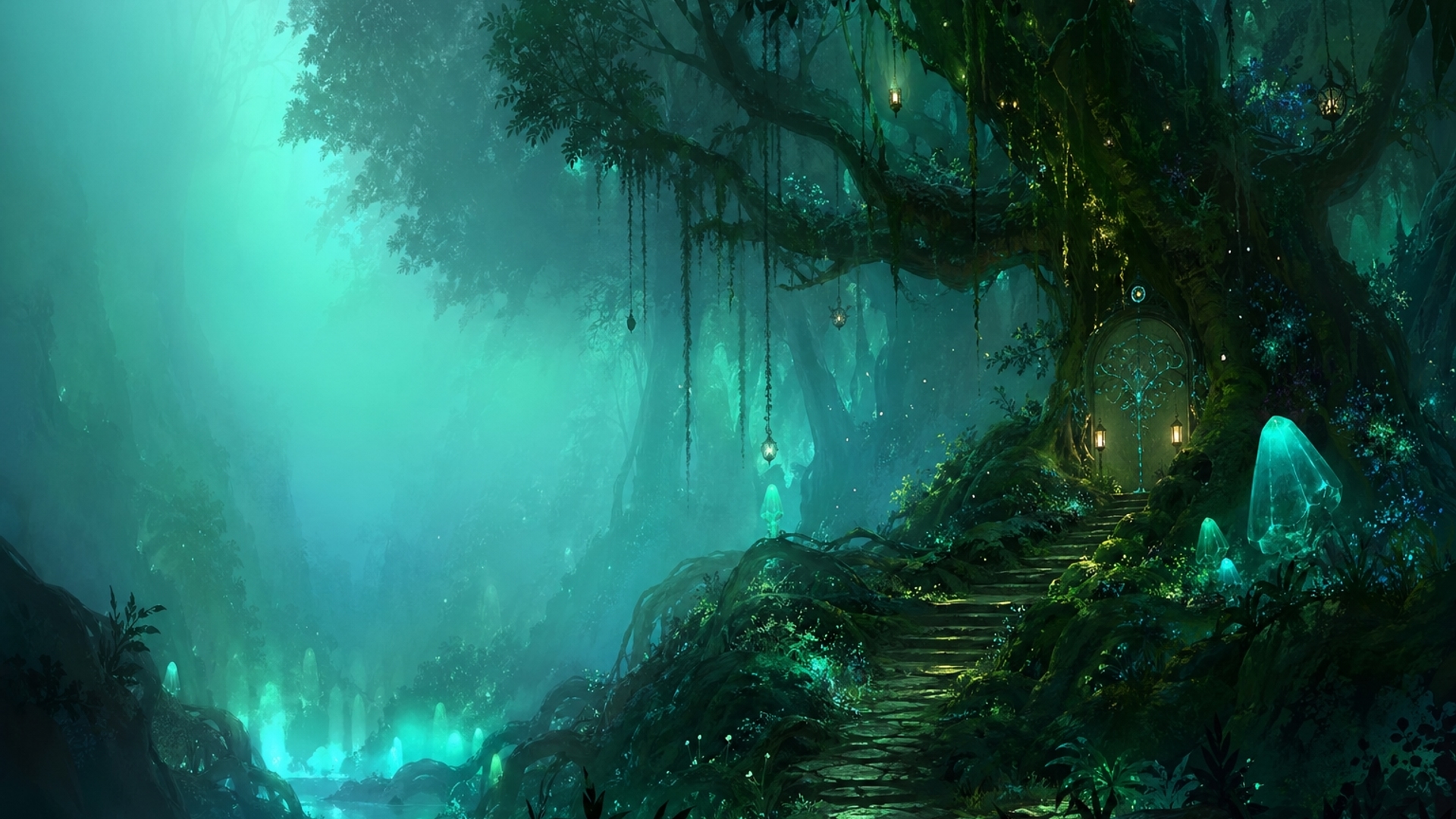Enchanted forest with glowing green and turquoise mist, soft fog, dim lighting, bioluminescent plants, calm and alluring atmosphere, painterly style, cinematic depth, 4K wallpaper, uncluttered left side
