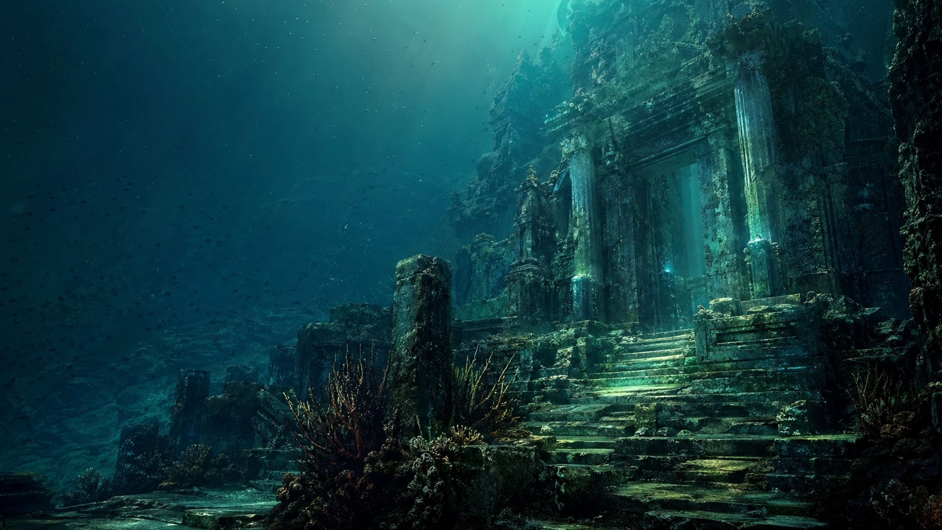 Ancient underwater ruins illuminated by turquoise and green light, particles floating, soft haze, mysterious and calming mood, cinematic lighting, ultra detailed, 4K wallpaper, composition balanced with empty left space