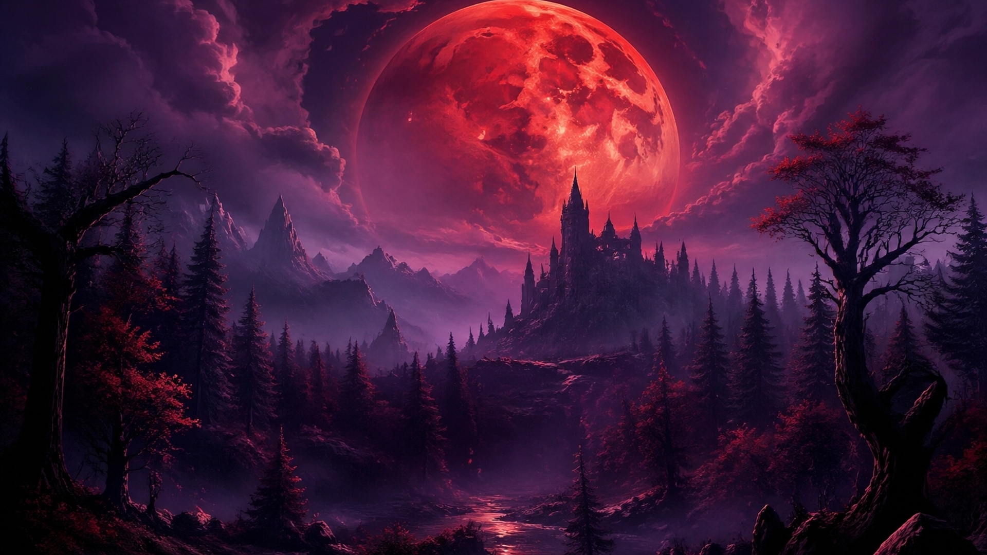 Red moon with purple sky and forest