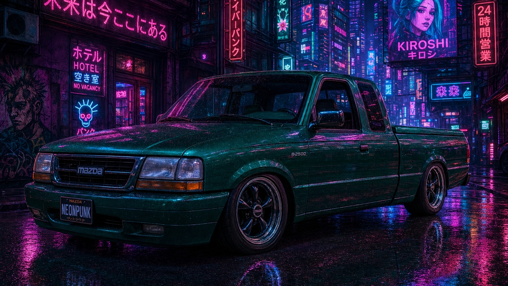 A picture of my 1998 Mazda B2500 Ext cab 4-door pickup the truck lowered to 2 inchs off the street, it is emerald green with a same color hard tonneau cover and low profile 60 series tires with craiger wheels chromed in black.  It looks like it is in a Neon punk city