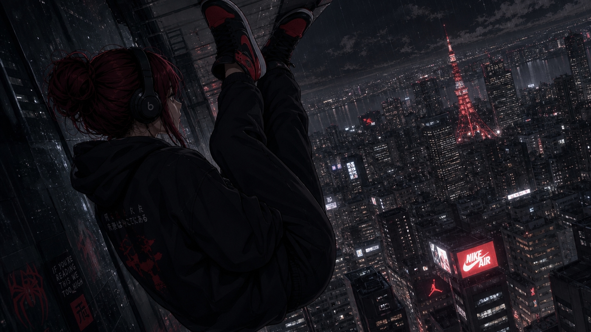 Generate an anime style image of a girl wearing black headphones and black hoodie and sweatpants with dark red hair in a messy bun. Have her sitting upside down on a building like spiderman facing a rainy night city. Have her also wearing black and red jordan one