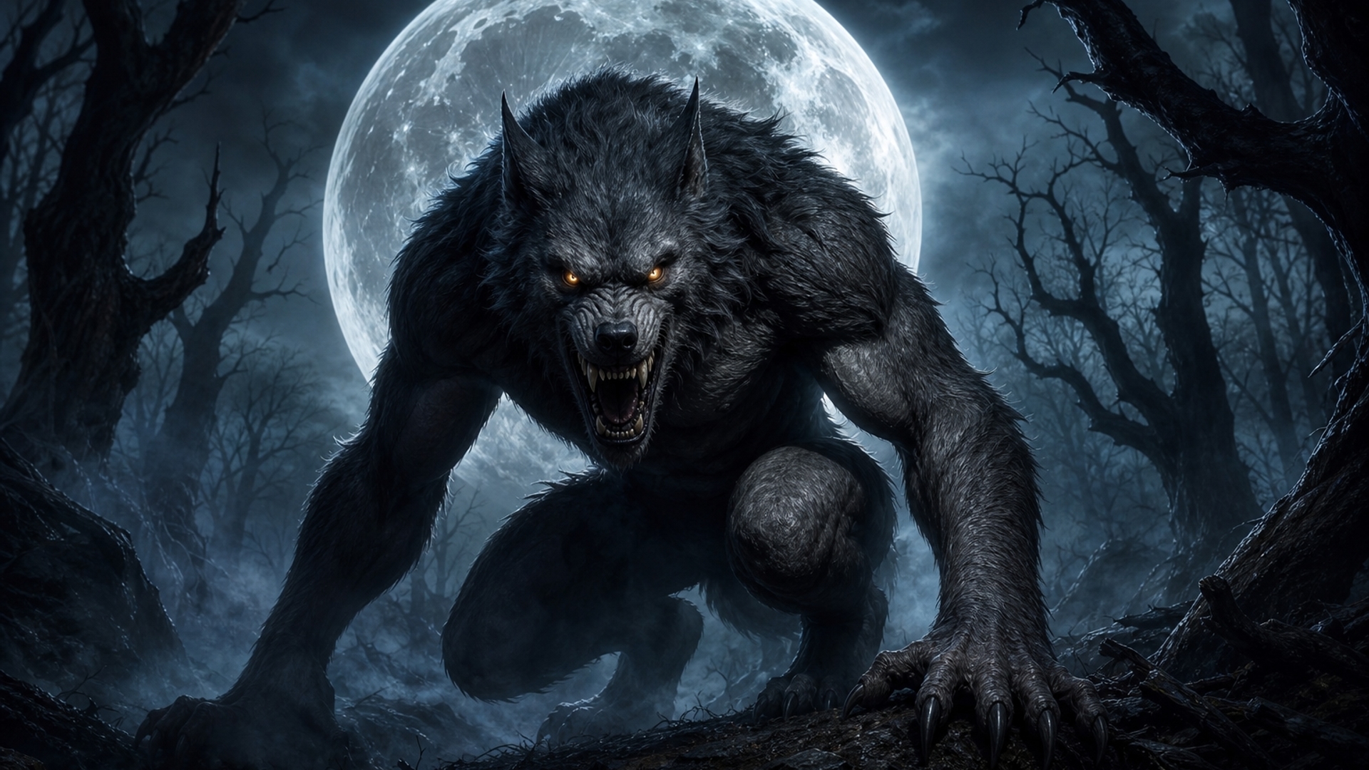 A majestic werewolf crouches in a dark, atmospheric forest at night. The creature has thick, charcoal-grey fur and a powerful, muscular build, with sharp claws digging into the shadows. Its face is pulled back in a fierce, snarling expression, revealing sharp teeth and glowing, amber eyes.Directly behind the werewolf, a massive, luminous full moon hangs in the sky, casting a cold, silvery glow that highlights the beast's silhouette and the texture of its fur. Wisps of fog drift through the scene, partially obscuring the gnarled, leafless trees of the deep woods. The overall mood is eerie and cinematic, with high contrast between the bright moonlight and deep, shadowy blues and blacks.Designed as a high-definition digital painting, ideal for a dark fantasy wallpaper.