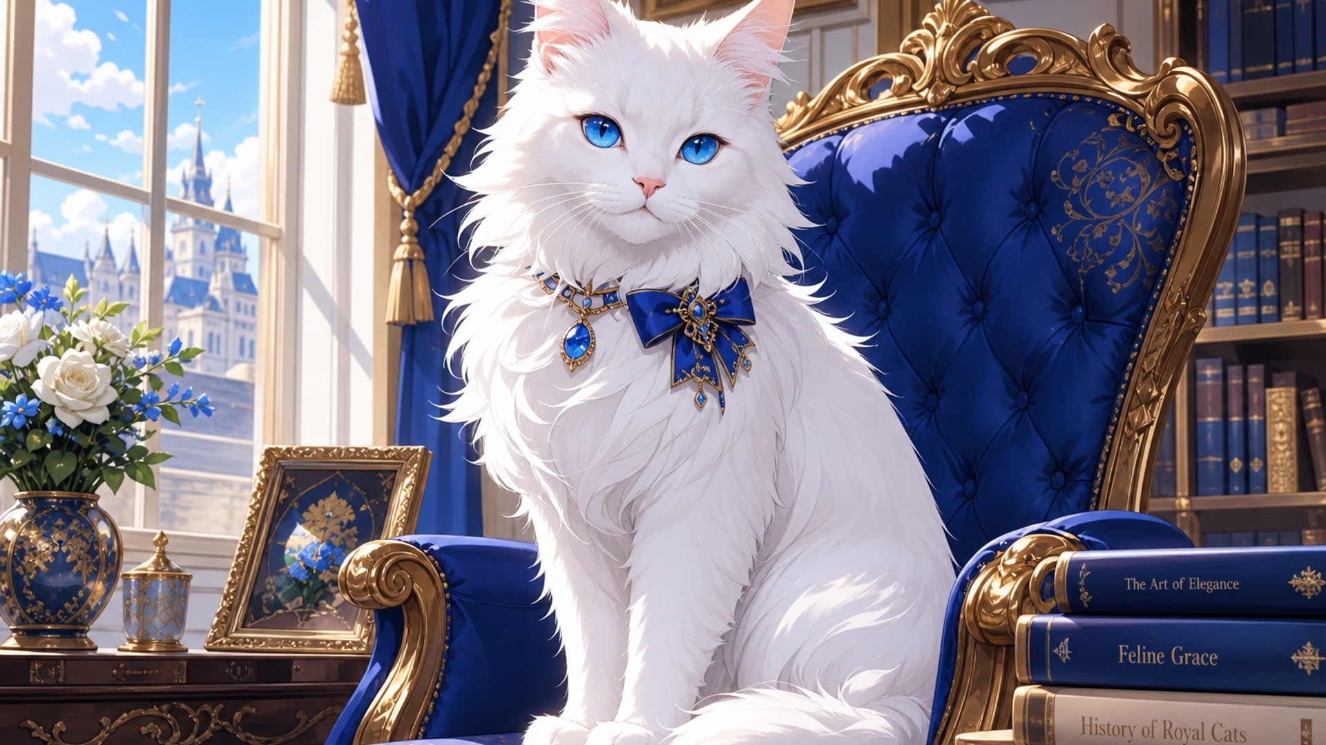 white colour cat blue eyes sitting the chair