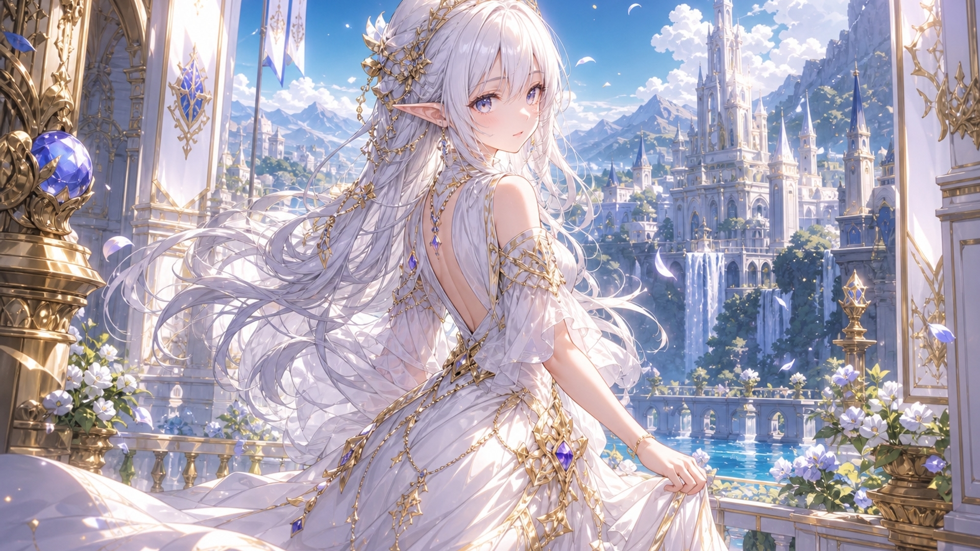Has a una elfa de cabello blanco de aparencia a no mayor de 18 años con un vestido blanco y detalles dorados en el vestido 