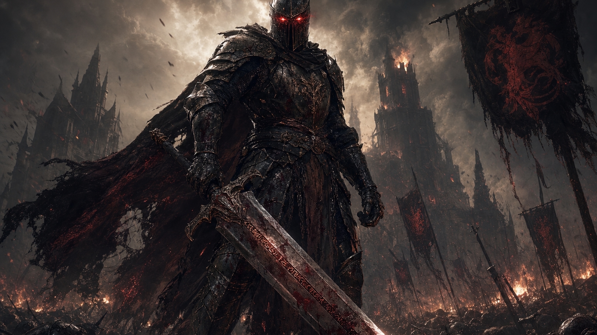 A Medieval Knight, with Glowing Red Eye's, Wielding a Great sword!