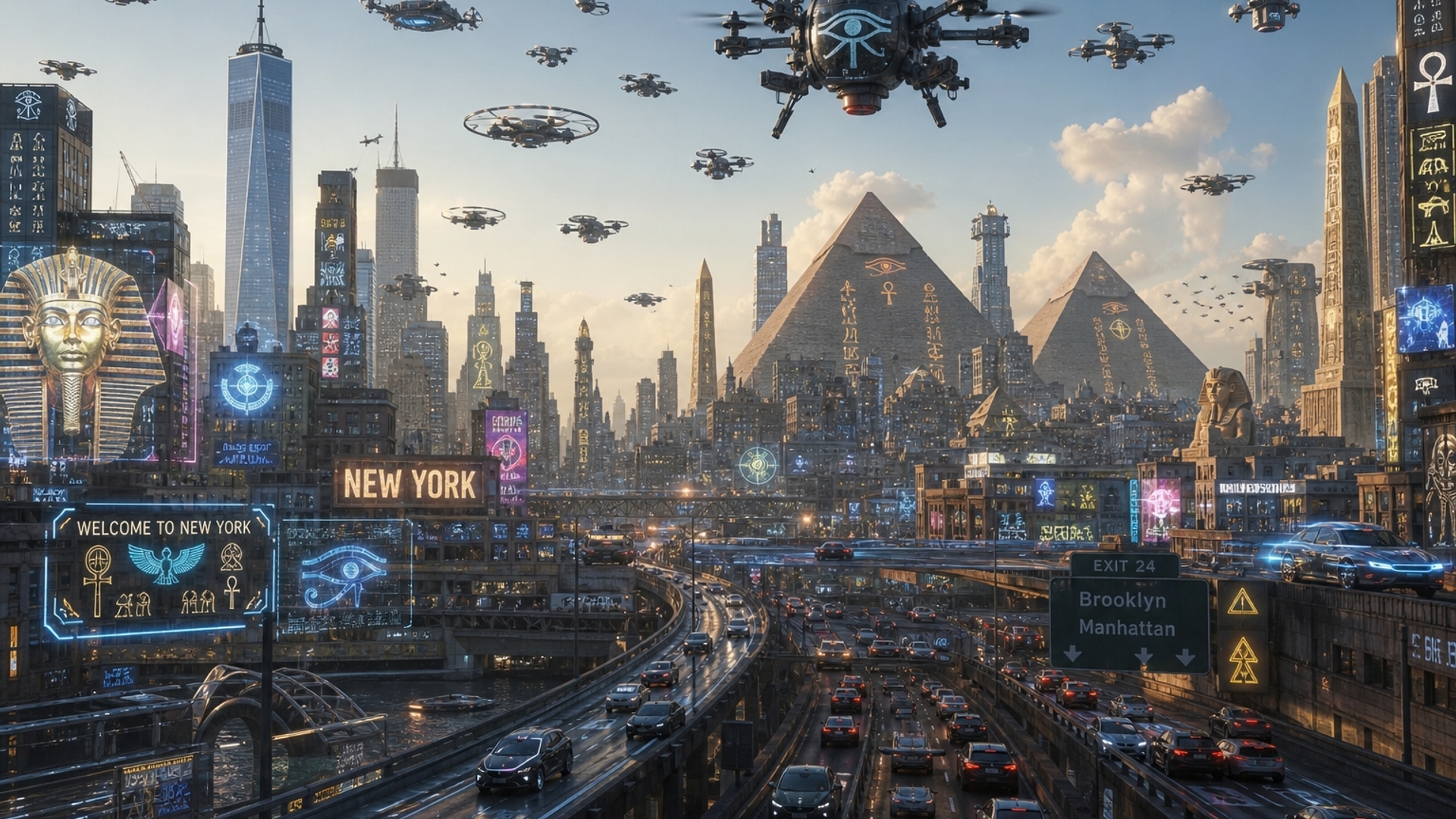 futuristc image in new York city with flying drones , highway, Egyptian pyramids and symbols on a busy looking town