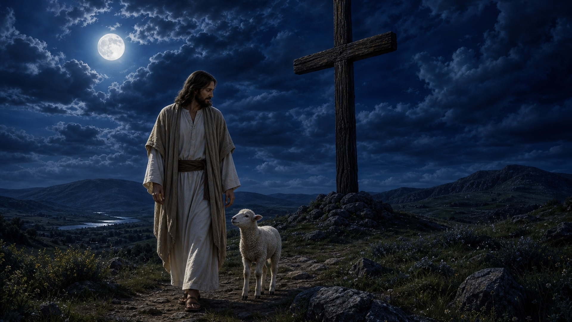 Jesus walking over pastures with a lamb besides him, Blue dark skies, moon, Big rogged cross in the middle. 