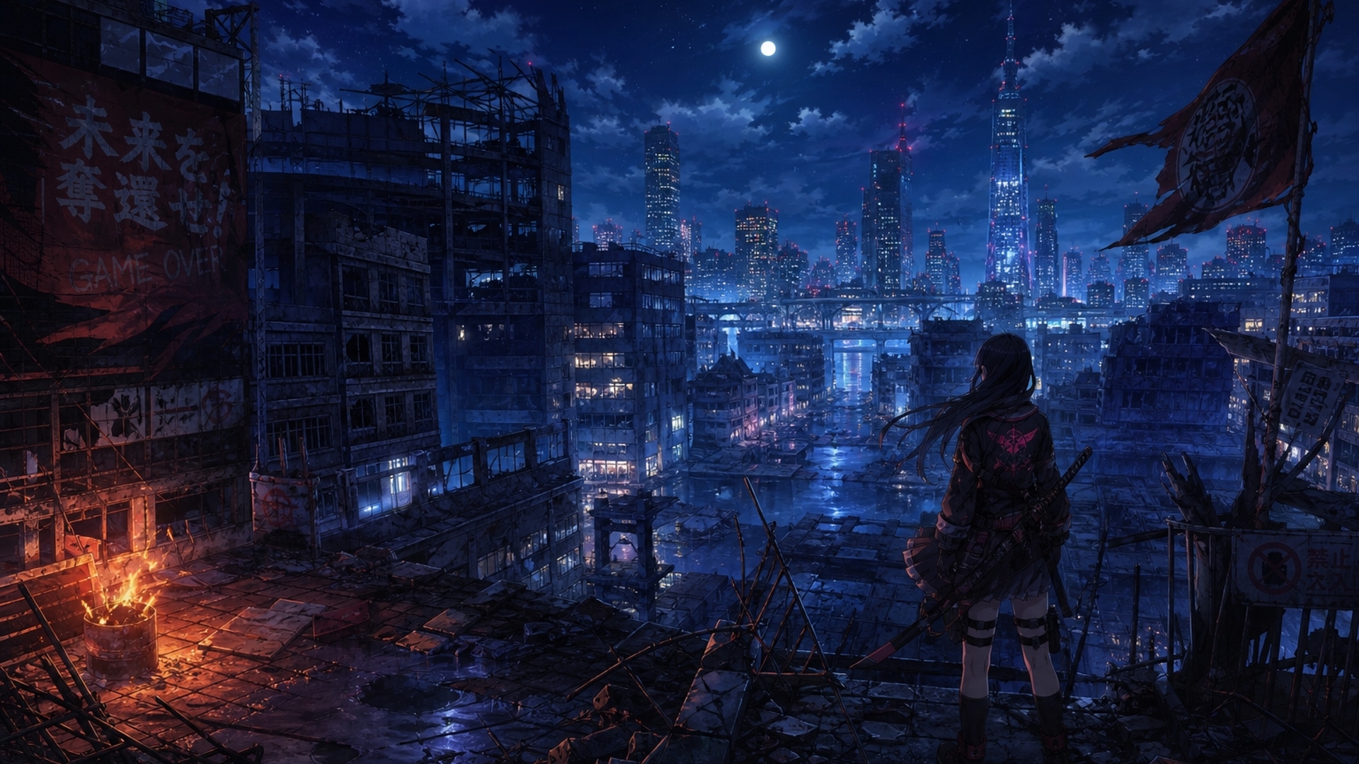 Post Apocalyptic anime scene with night time vibe