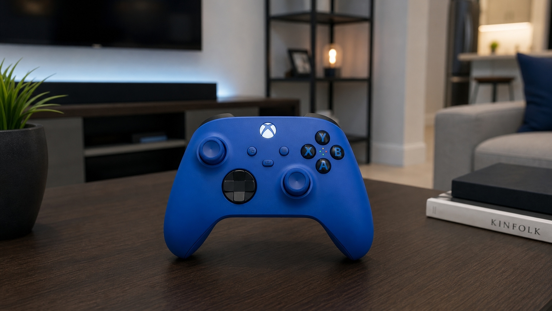 Modern blue xbox controller sitting on modern table inside modern home