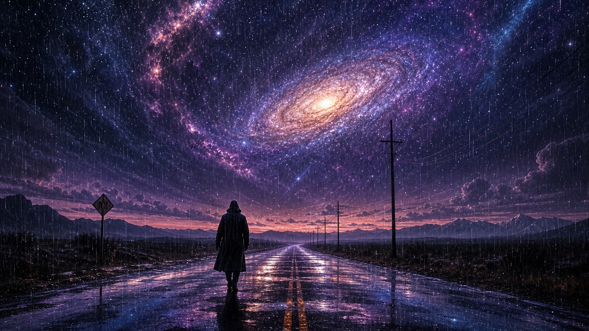 Galaxy sky with rain falling down on a lonely back road
