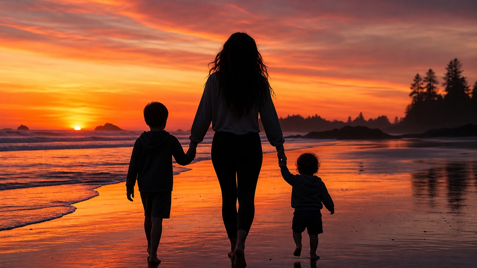 a silloute of a woman walking on long beach Tofino at sunset, long wavy dark hair, she is tall 5'9