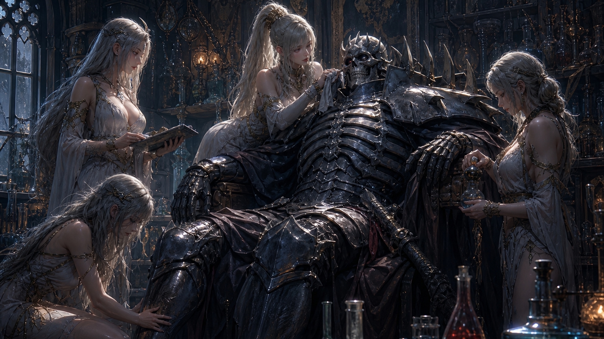 Skull knight resting on women lab