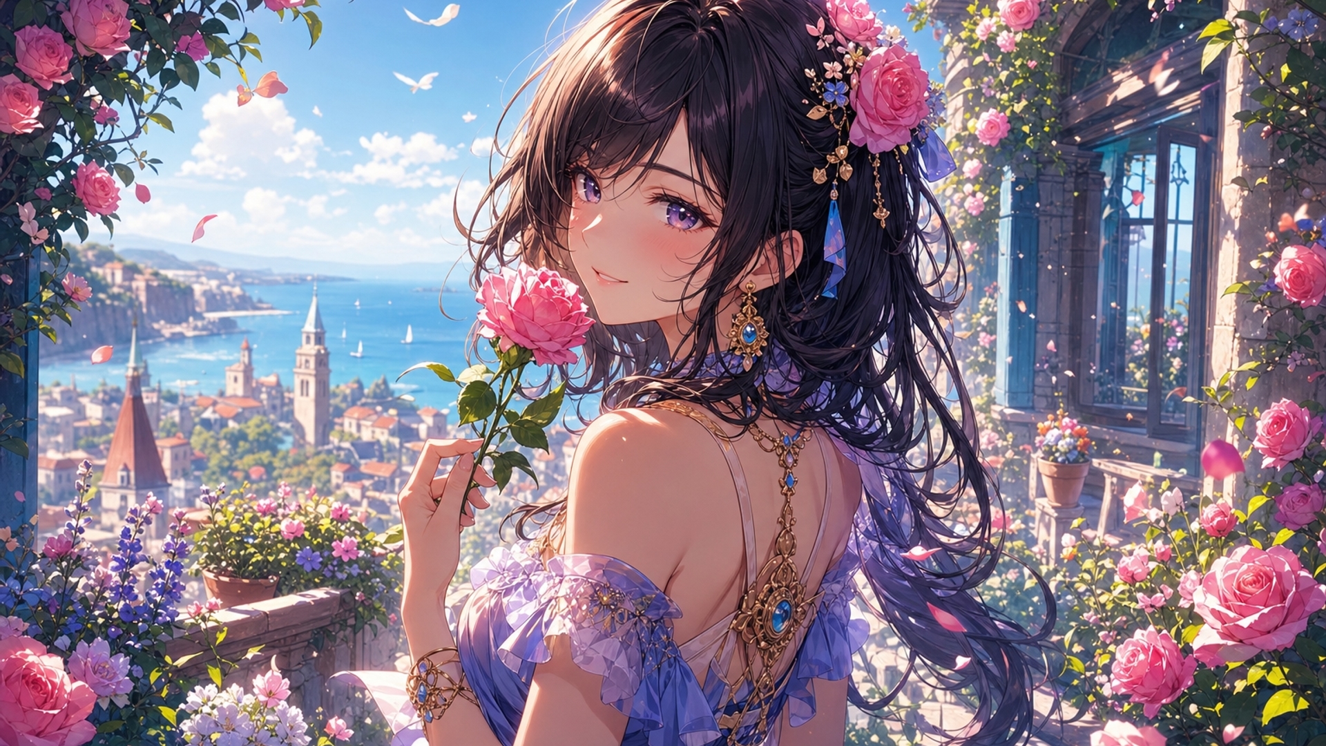 Animated  lady with a flower