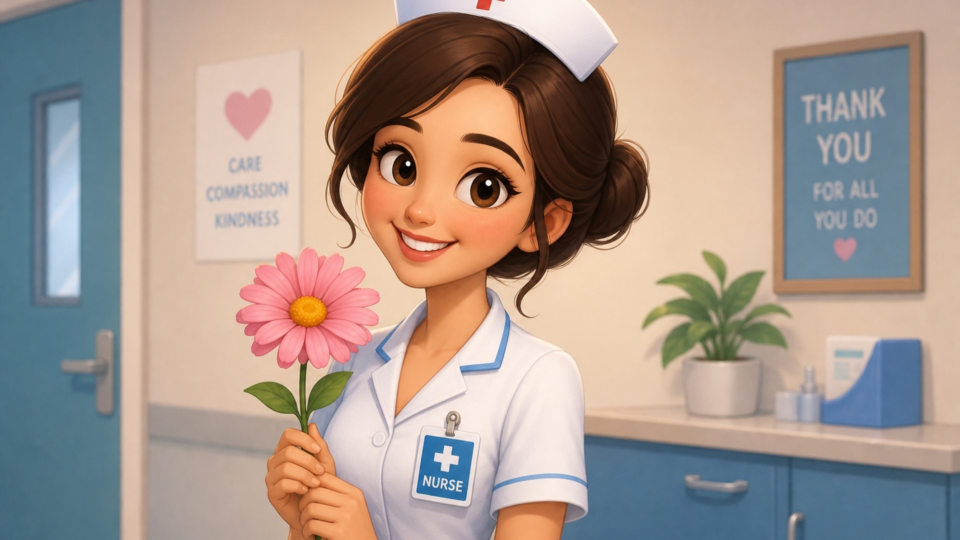 ANIMATED NURSE WITH A FLOWER