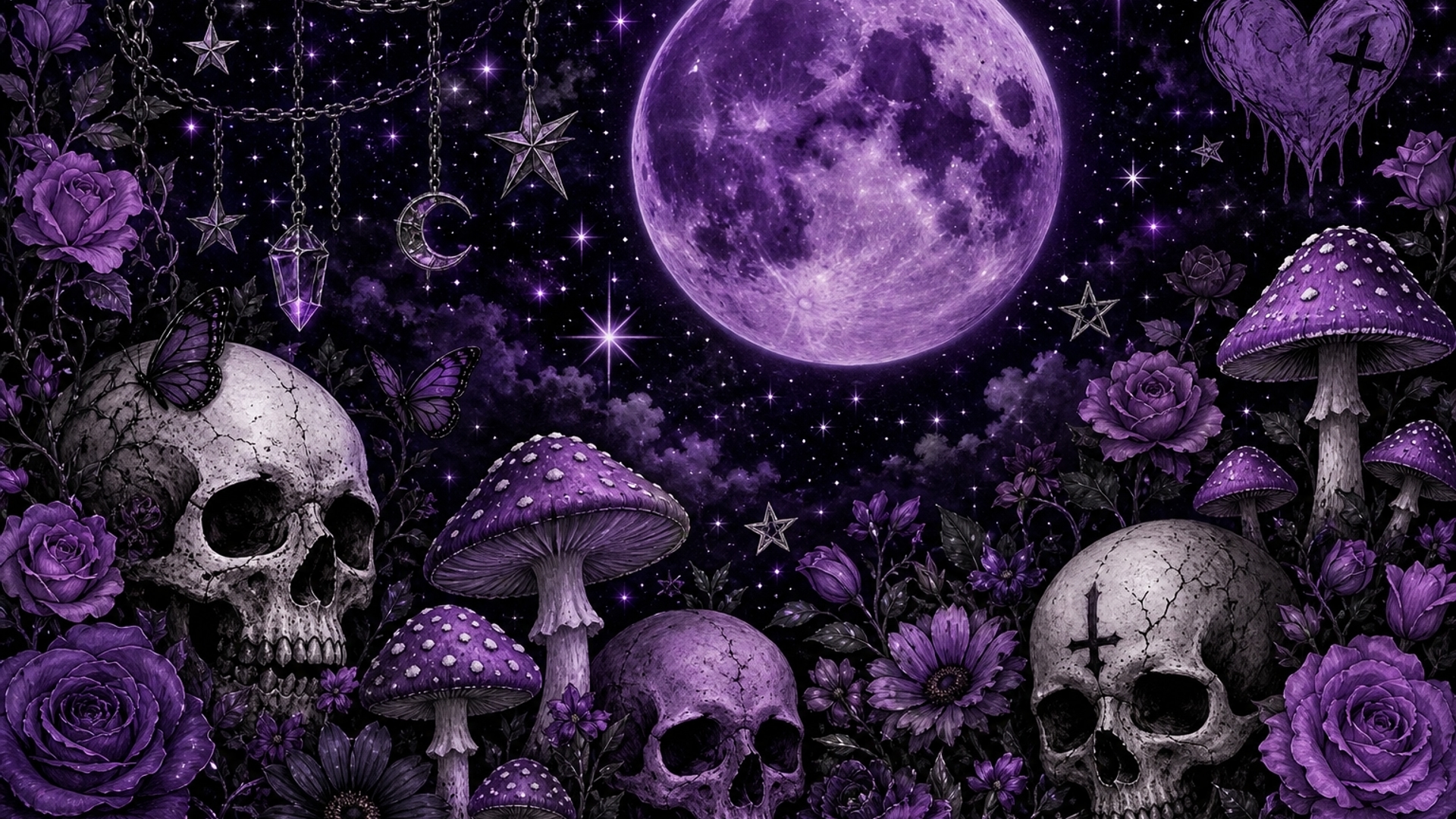 Purple moon stars edgy skulls flowers mushrooms