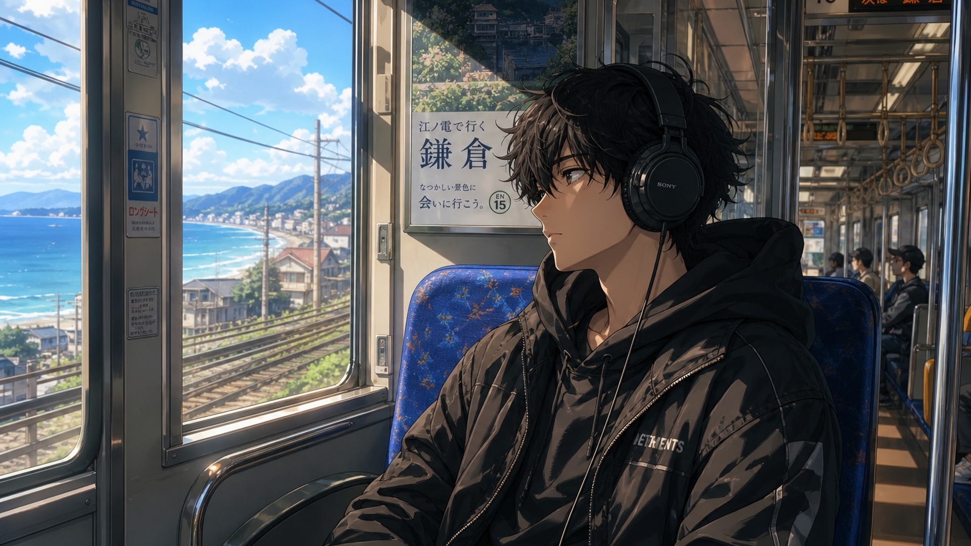 A guy wearing headphones on a train
