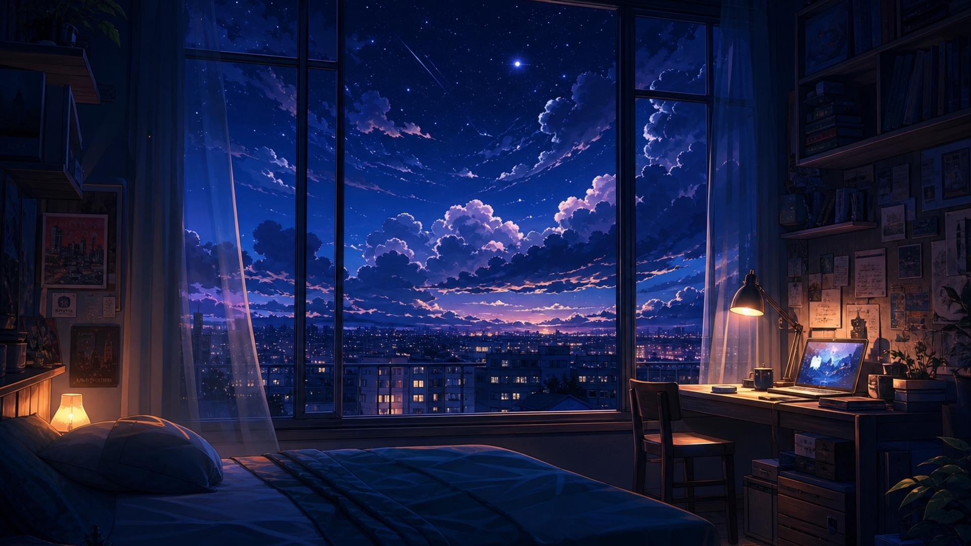 Dimly light room with a beautiful night sky with clouds 