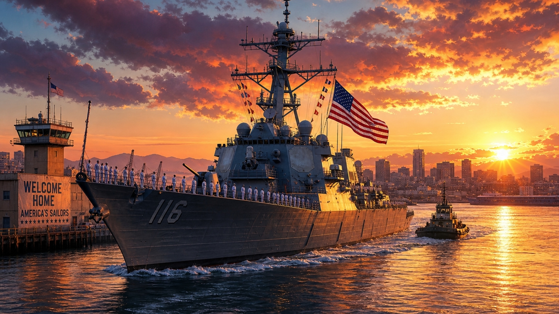 Picture a US Naval warship coming in homeport during sunset