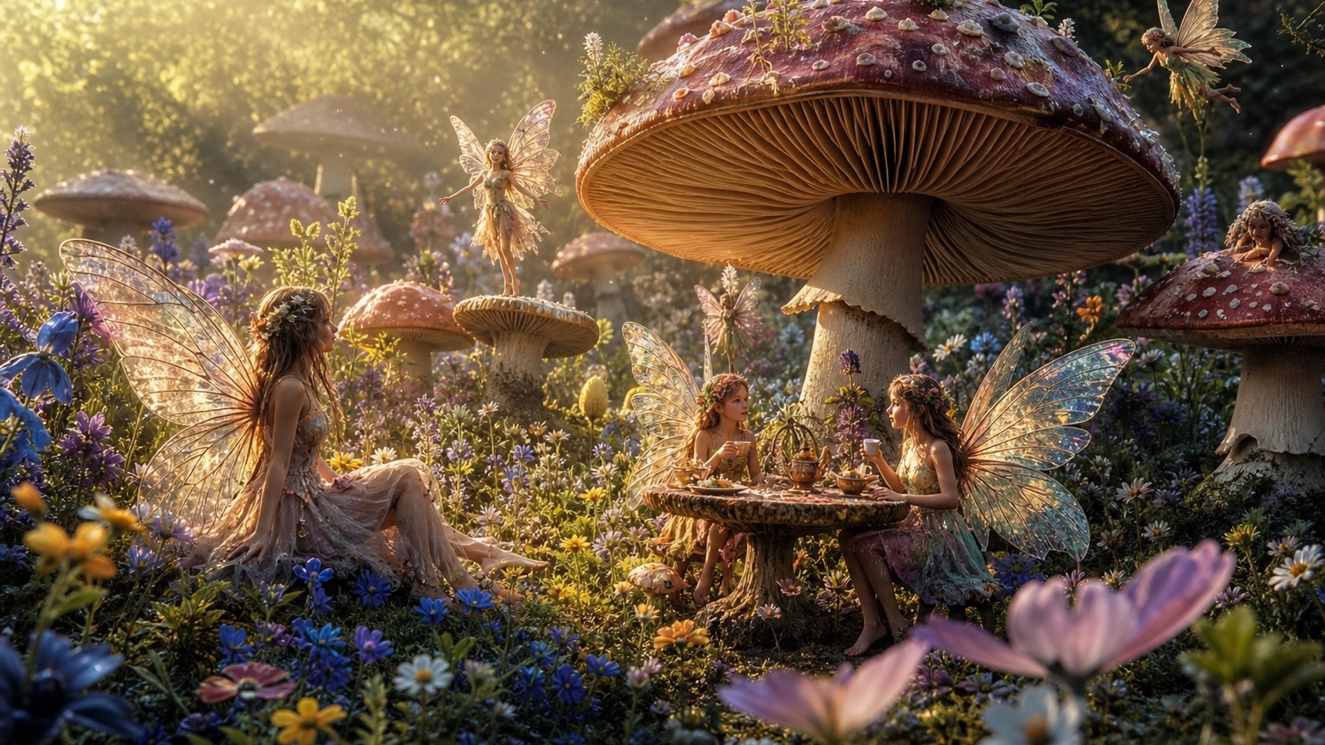 Spring meadow fairies mushrooms